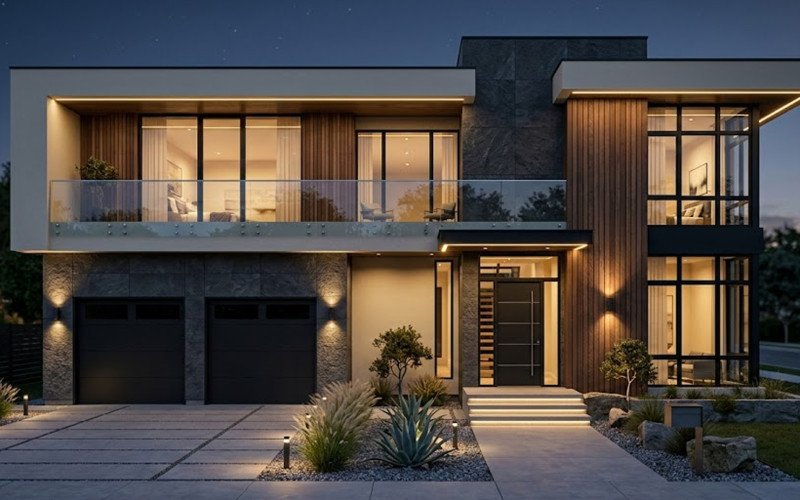 Luxury Front Elevation with Elegant Lighting